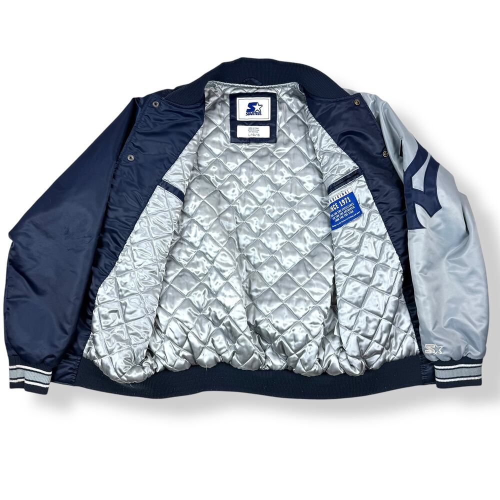 Rare STARTER NEW YORK YANKEES double sided Navy / Gray satin snap bomber jacket - Picture 8 of 16
